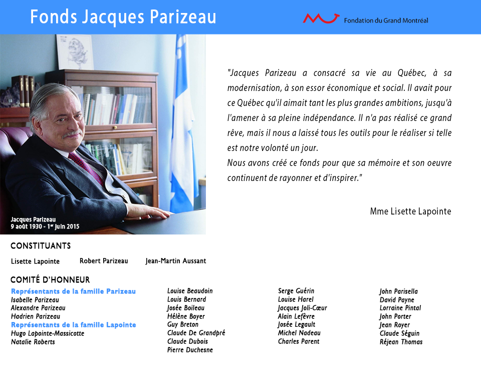 Bannière du Fonds Jacques Parizeau avec photo et liste des constituants