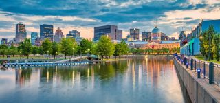 Waterfront in downtown Montreal, Quebec, Canada at twilight.